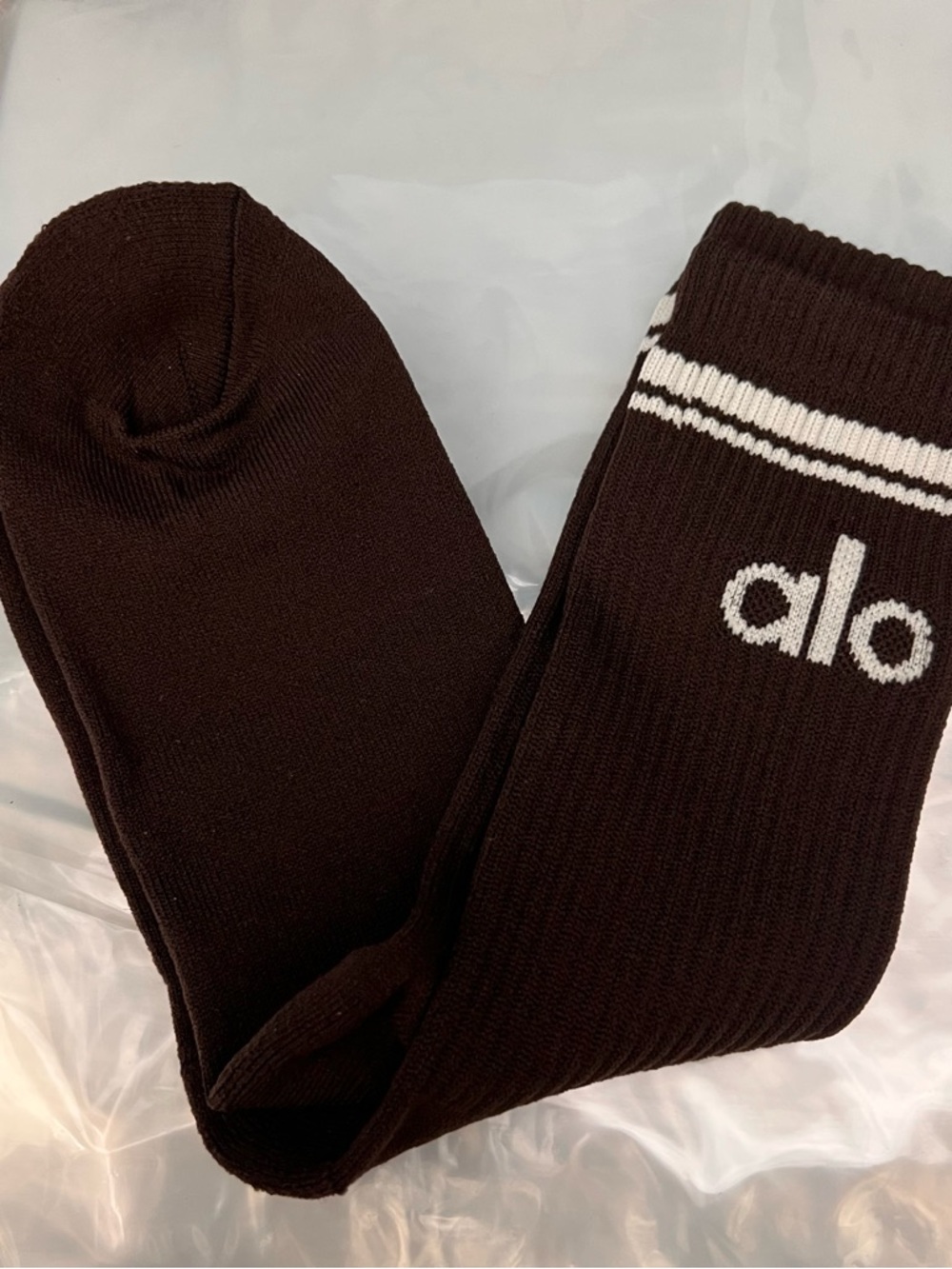 ALO Yoga chocolate Brown Crew Socks with White Logo Stripe
